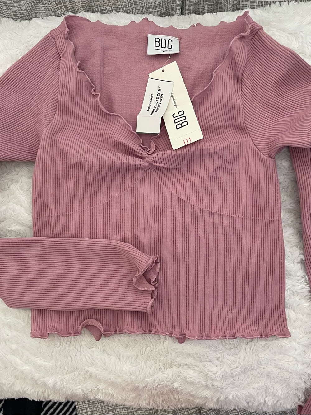 BDG Dusty Rose Ribbed Lettuce-Edge Long Sleeve Top